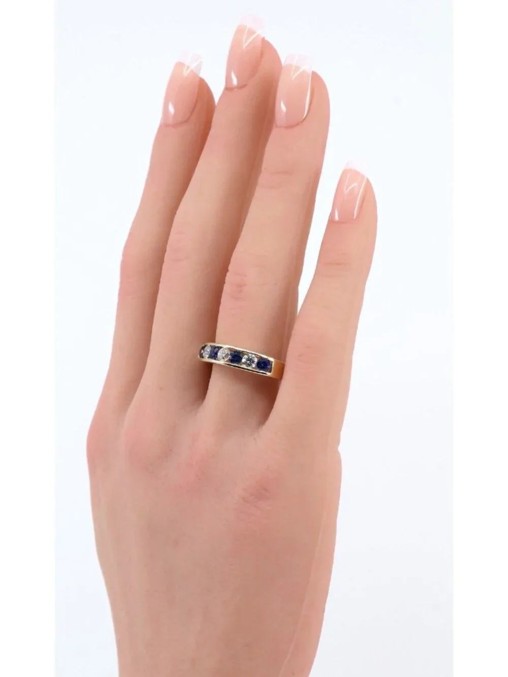 14K Solid Yellow Gold Sapphire Diamond Alternating Channel Set Wedding Band Ring
